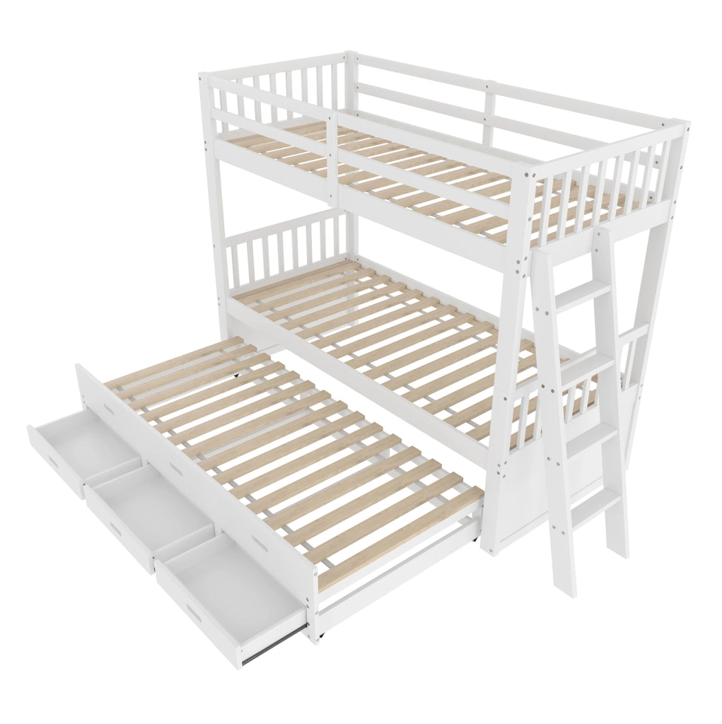 Letto a castello 90x200 cm con letto estraibile e 3 cassetti in pino e MDF bianco