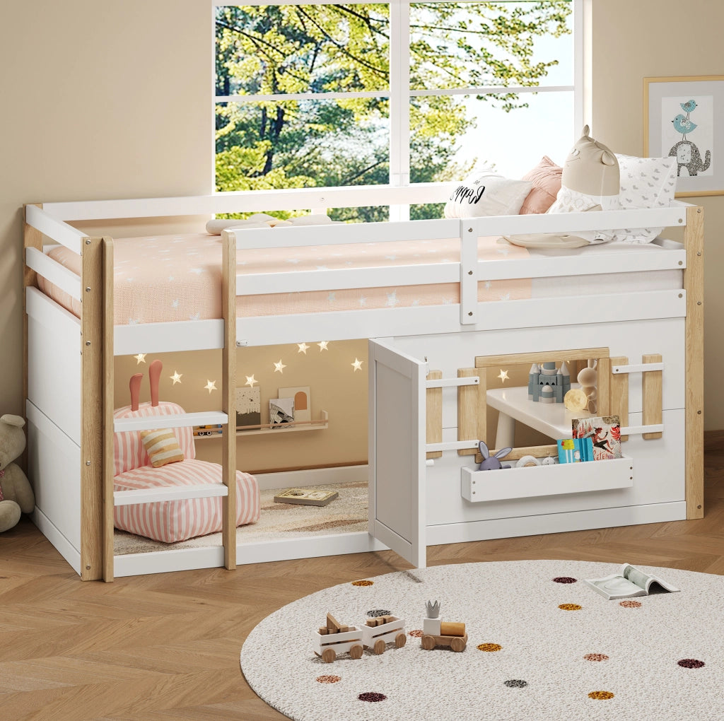 Letto rialzato per bambini 90x200 cm con scala e spazio inferiore multifunzione; bianco