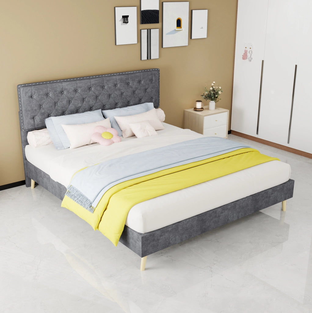 Letto imbottito 160x200 cm in velluto grigio con testiera alta e materasso incluso