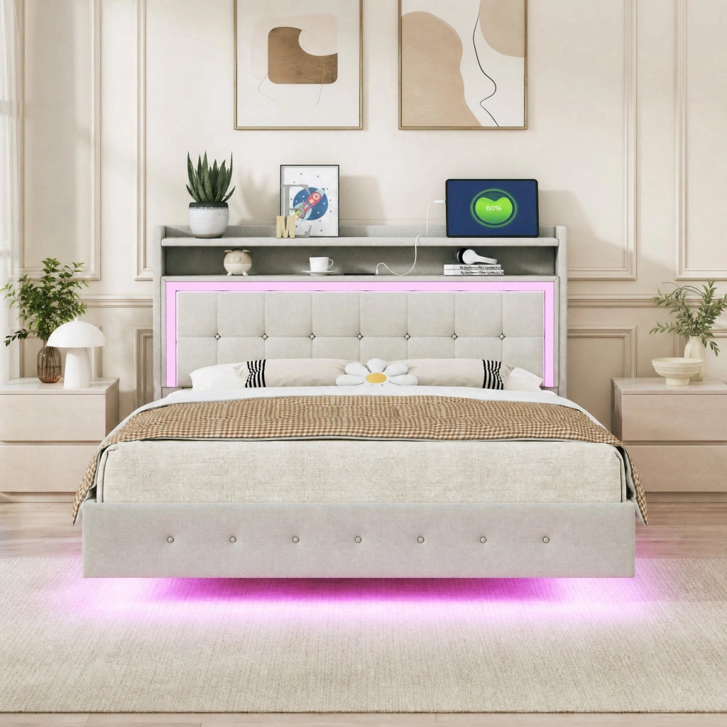 Letto imbottito 140x200 con USB e luci LED, beige