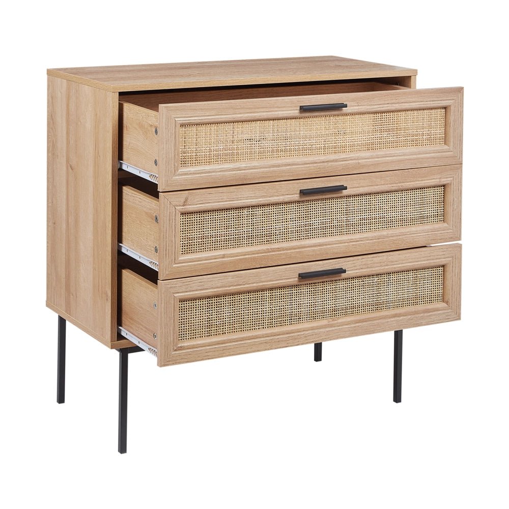 Cassettiera in rattan con tre cassetti con frontale in vimini legno chiaro stile moderno e classico