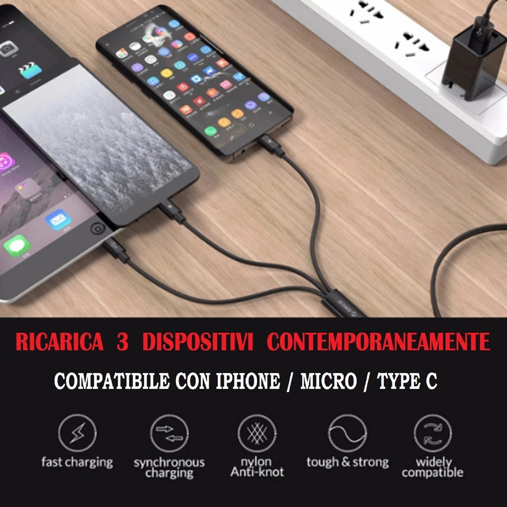 Trade Shop - Cavo Dati 3in1 Ricarica Rapida 5.1a Da Usb A Micro Usb Type-c Lightning Da 1,2mt Q-sj665 -
