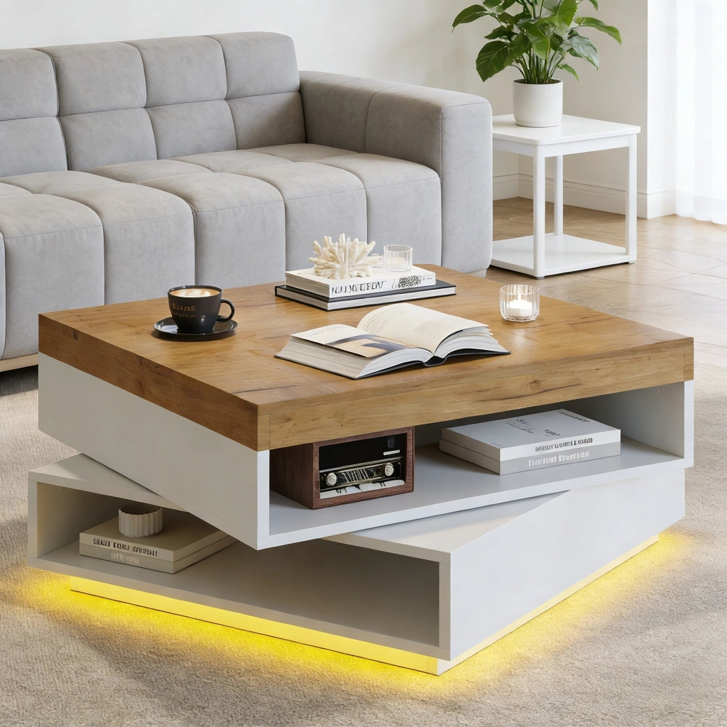 TAVOLO da caffè 65x65x40 cm girevole 360° MDF bianco e legno con LED