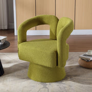 Poltrona girevole 360° in bouclé verde oliva; seduta imbottita 67x55x74 cm