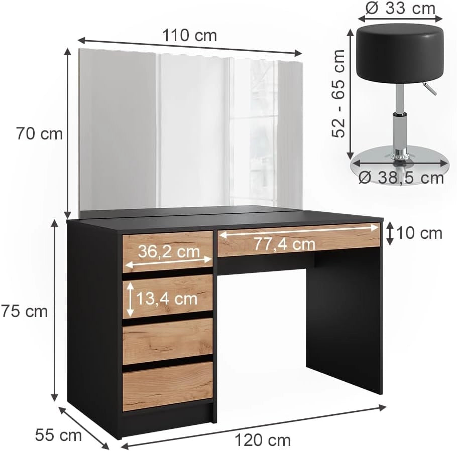 Tavolino da toilette Sherry, Antracite/quercia dorata, 120 x 75 cm con specchio e sgabello, inclusi sgabello e grande specchio per l’uso quotidiano