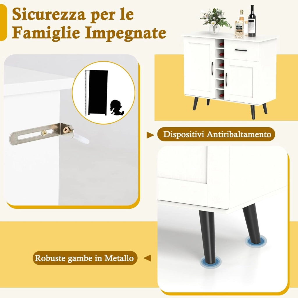 Credenza Buffett da Cucina con 6 Cubi Porta Bottiglie di Vino, Mobile da Cucina con Cassetto, 2 Ante e 2 Ripiani Regolabili, Armadio in Legno Salvaspazio per Soggiorno, 90 x 40 x 79 cm, Bianco