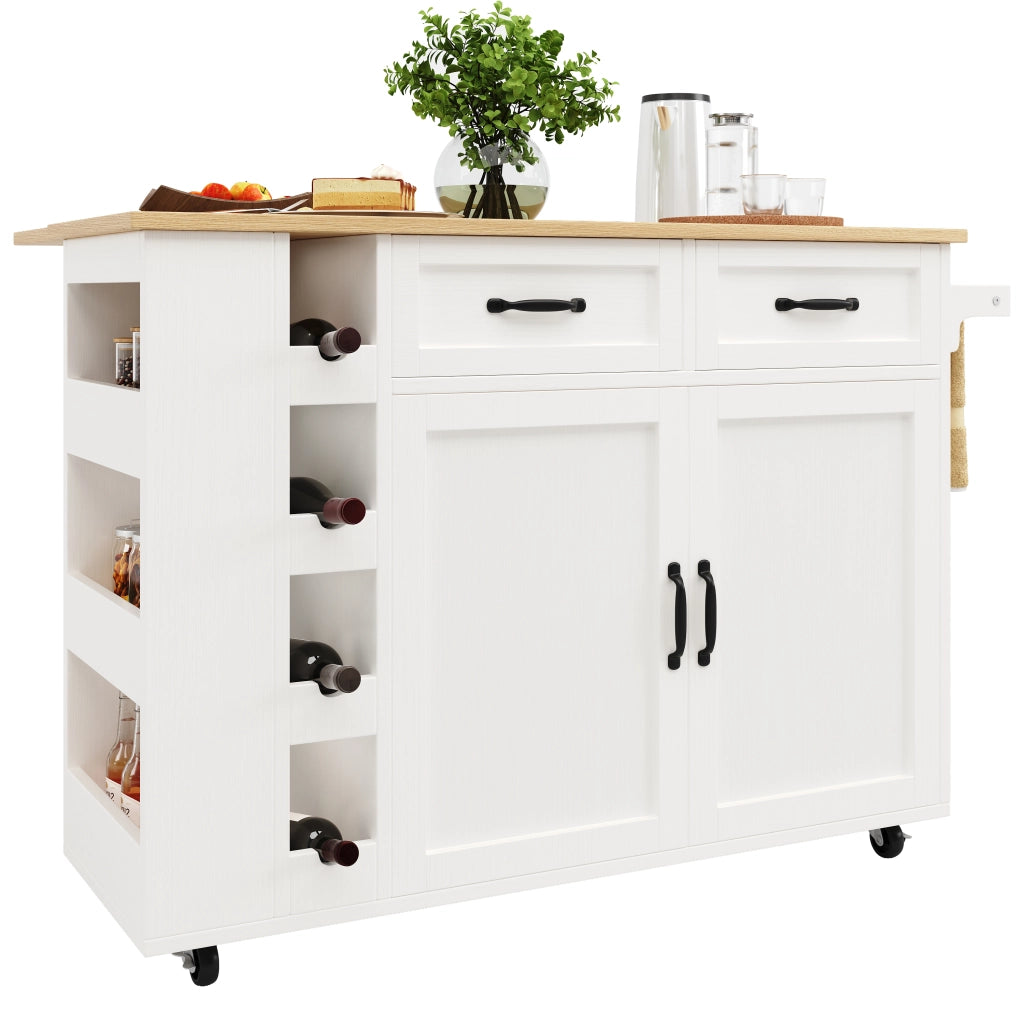 Isola Cucina con Portabottiglie e Presa Elettrica ¨C MINIMAL ¨C Bianco, Legno