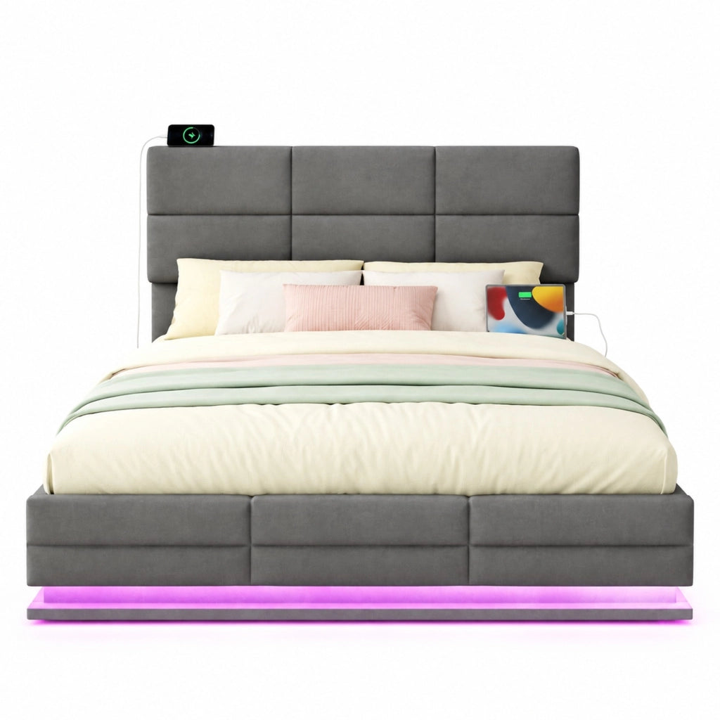 Letto matrimoniale 160x200 cm in velluto grigio con LED e USB