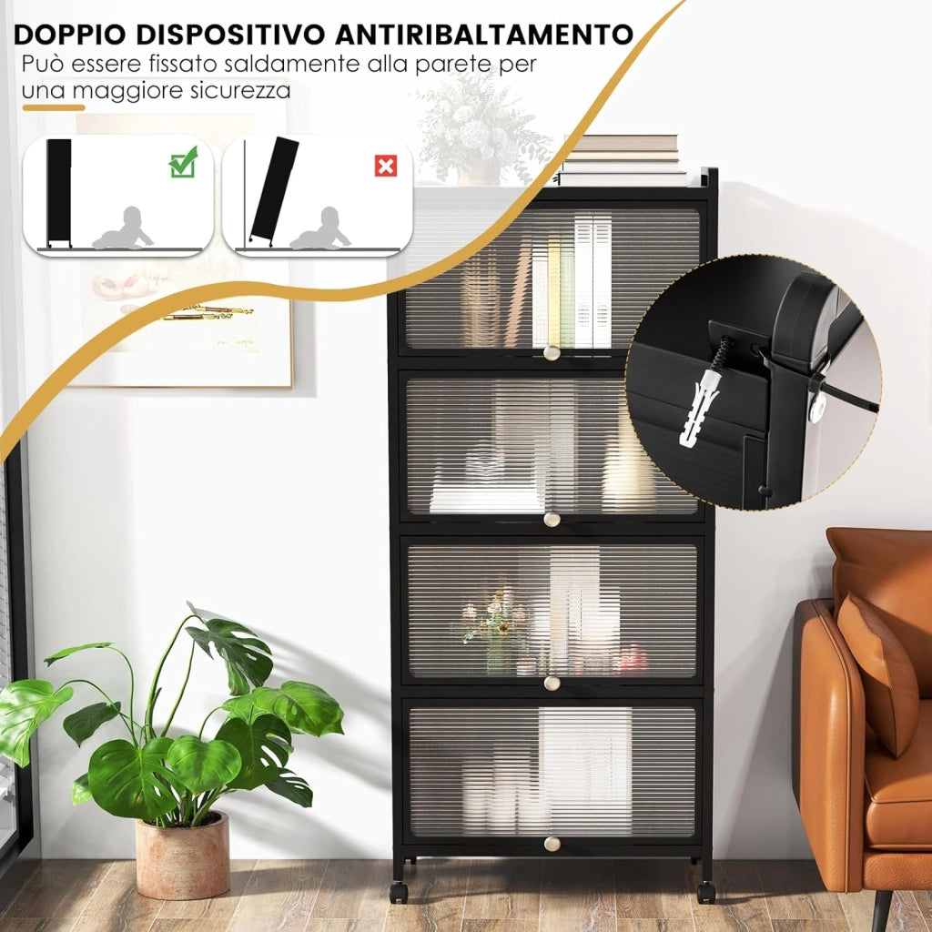 Armadio da Cucina a 5 Piani, Mobile Cucina Dispensa con Porte PC a Scomparsa, con 4 Ruote Girevoli, per Sala da Pranzo Soggiorno e Studio, 60x32x154 cm (Nero)