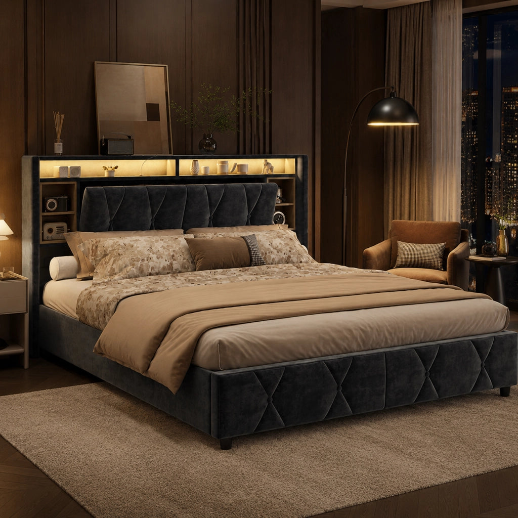 Letto imbottito grigio 140×200 cm, testiera contenitiva multilivello, USB‑C, LED con telecomando, base letto vano idraulico salvaspazio
