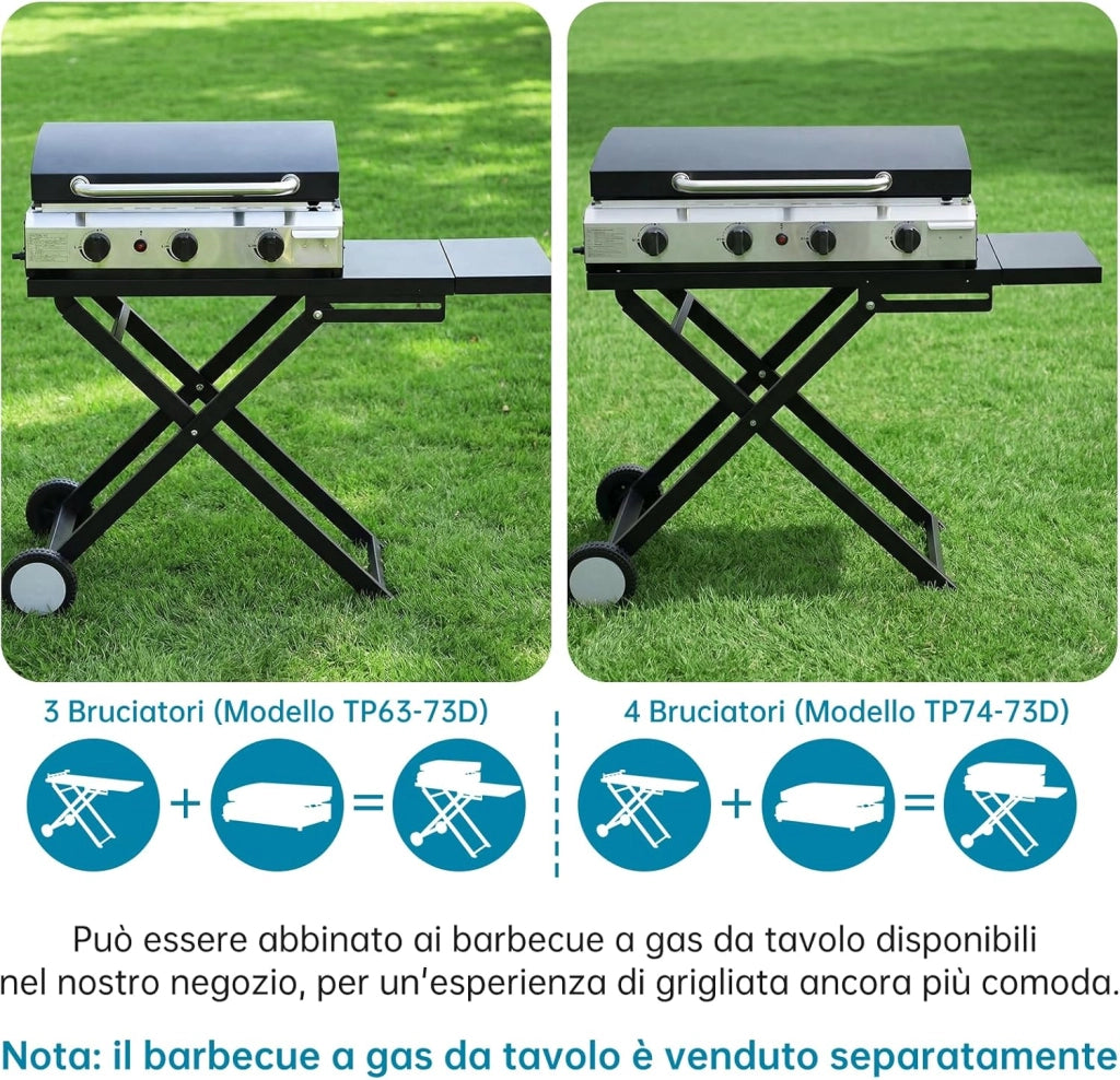 Carrello Barbecue Pieghevole con Ripiano Staccabile, 102x39cm Supporto Portatile con 2 Ruote, Tavolo Stabile per BBQ, per Esterno da Campeggio, Picnic e Giardino, Montaggio Facile, Nero