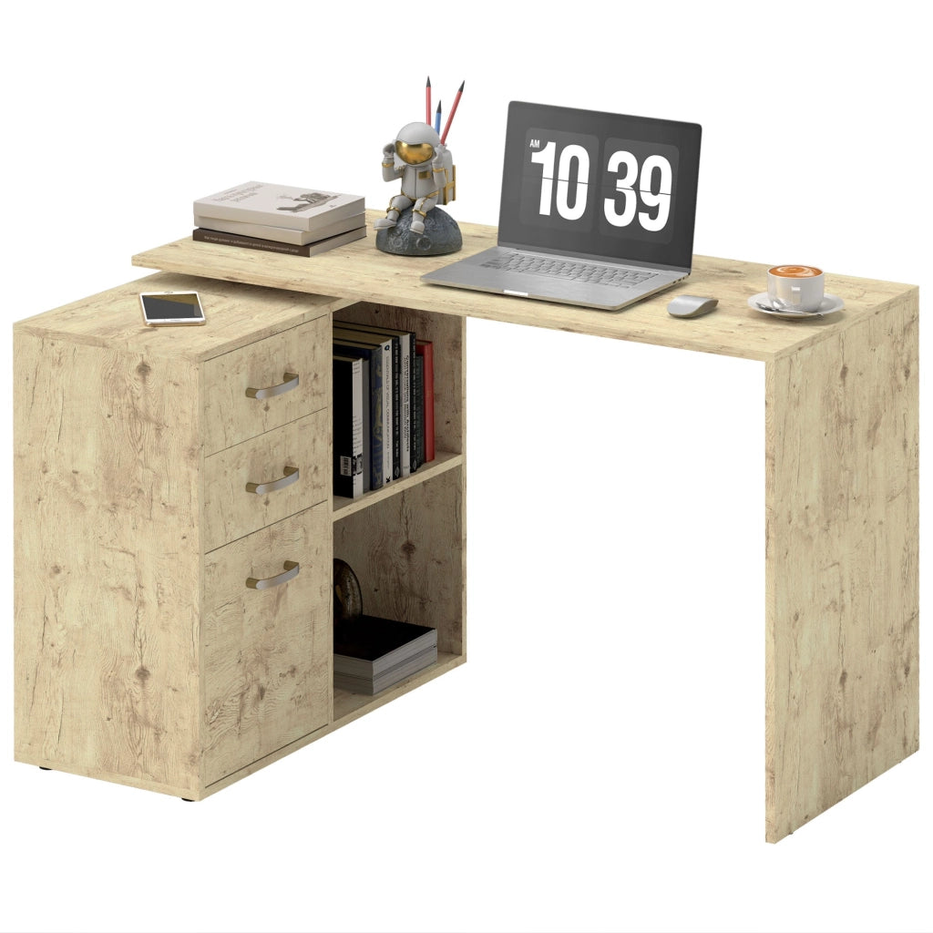 Scrivania da Ufficio Angolare 3 Cassetti e Ripiani Aperti 117x83,5x76 cm in Legno e Metallo Noce
