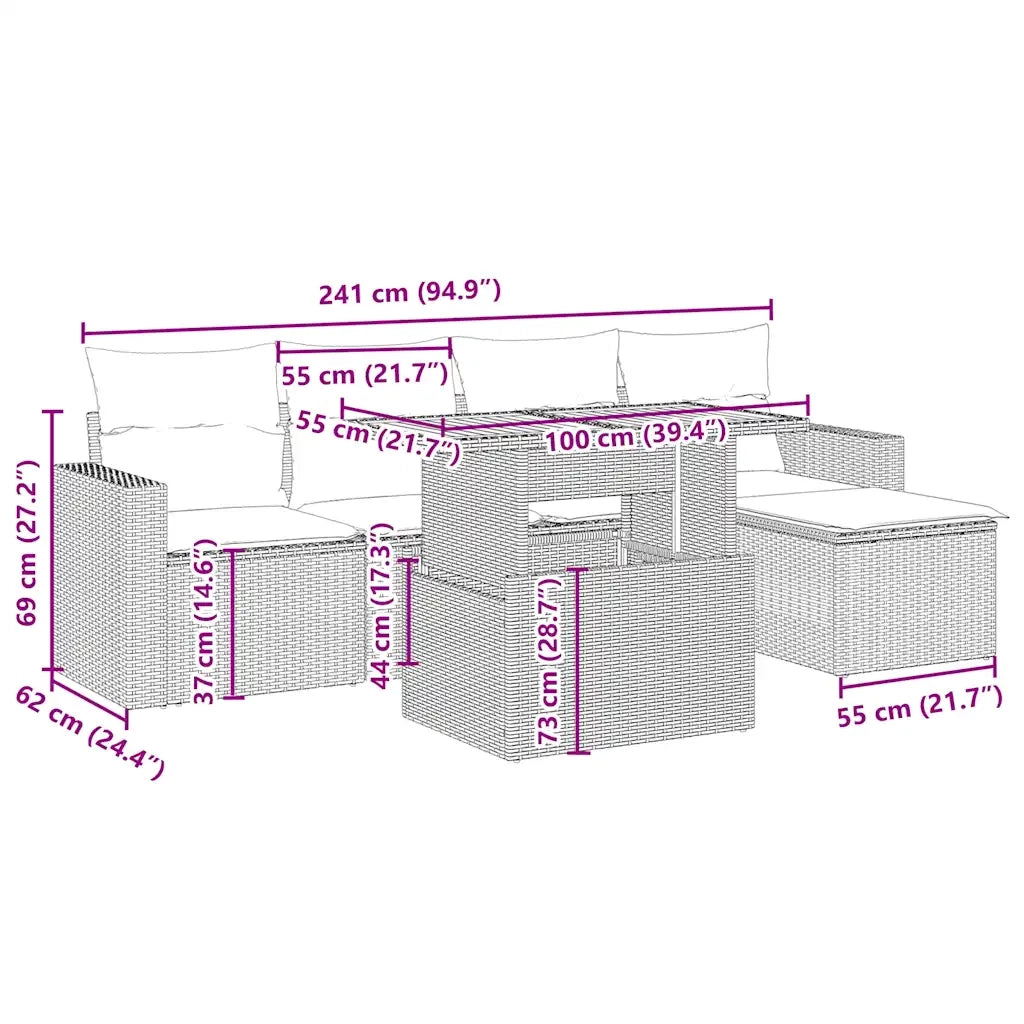 Set Divano da Giardino 6 pz con Cuscini Beige in Polyrattan