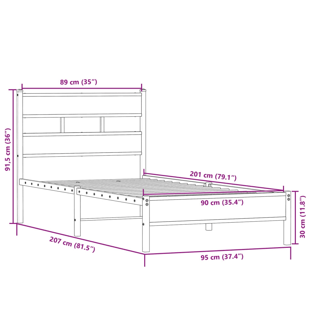 Letto singolo | Letto per adulti | Giroletto senza Materasso Rovere Sonoma 90x200 cm in Truciolato