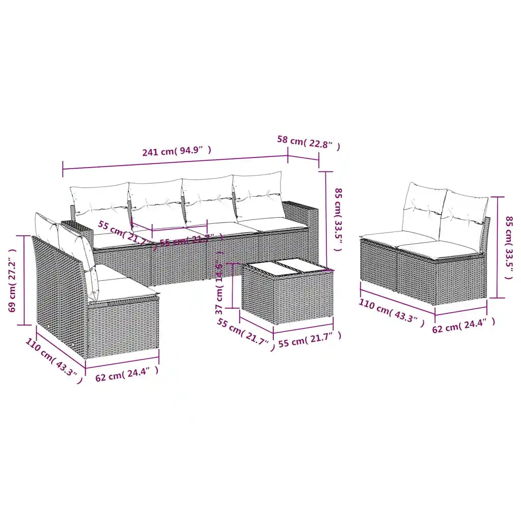 Set Divani da Giardino 9pz con Cuscini Marrone in Polyrattan 3218853