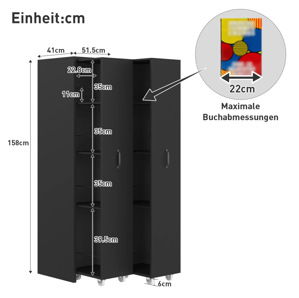 Libreria estraibile nera in MDF con ruote, 4 ripiani