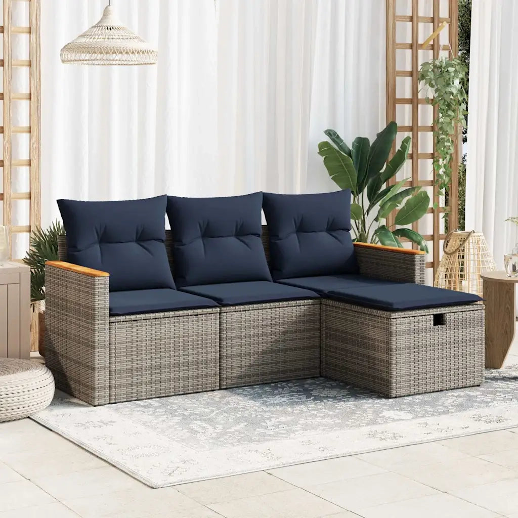 Set Divani da Giardino 4 pz con Cuscini in Polyrattan Grigio