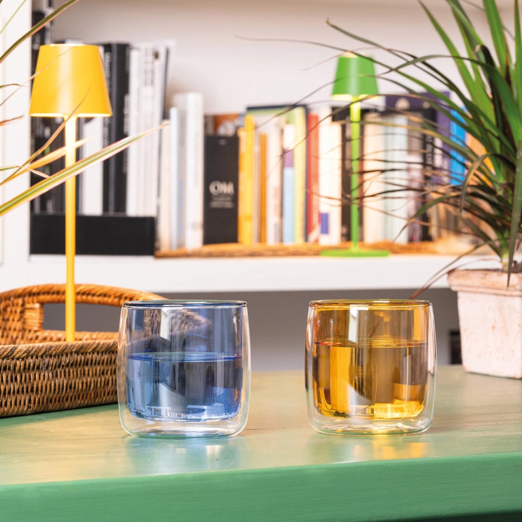 No Bilia Set 4 Bicchieri Vetrocamera Tumbler Borosilicato Doppia Parete Trasparente e Giallo Oro Design Contemporaneo Elegante Alta Resistenza