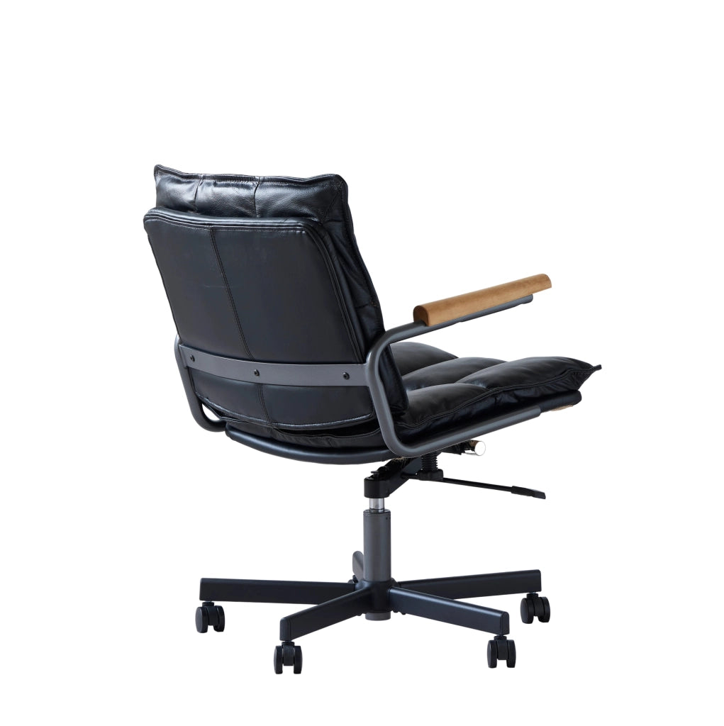 Sedia da ufficio girevole 360° in pelle nera con rotelle silenziose e braccioli in legno