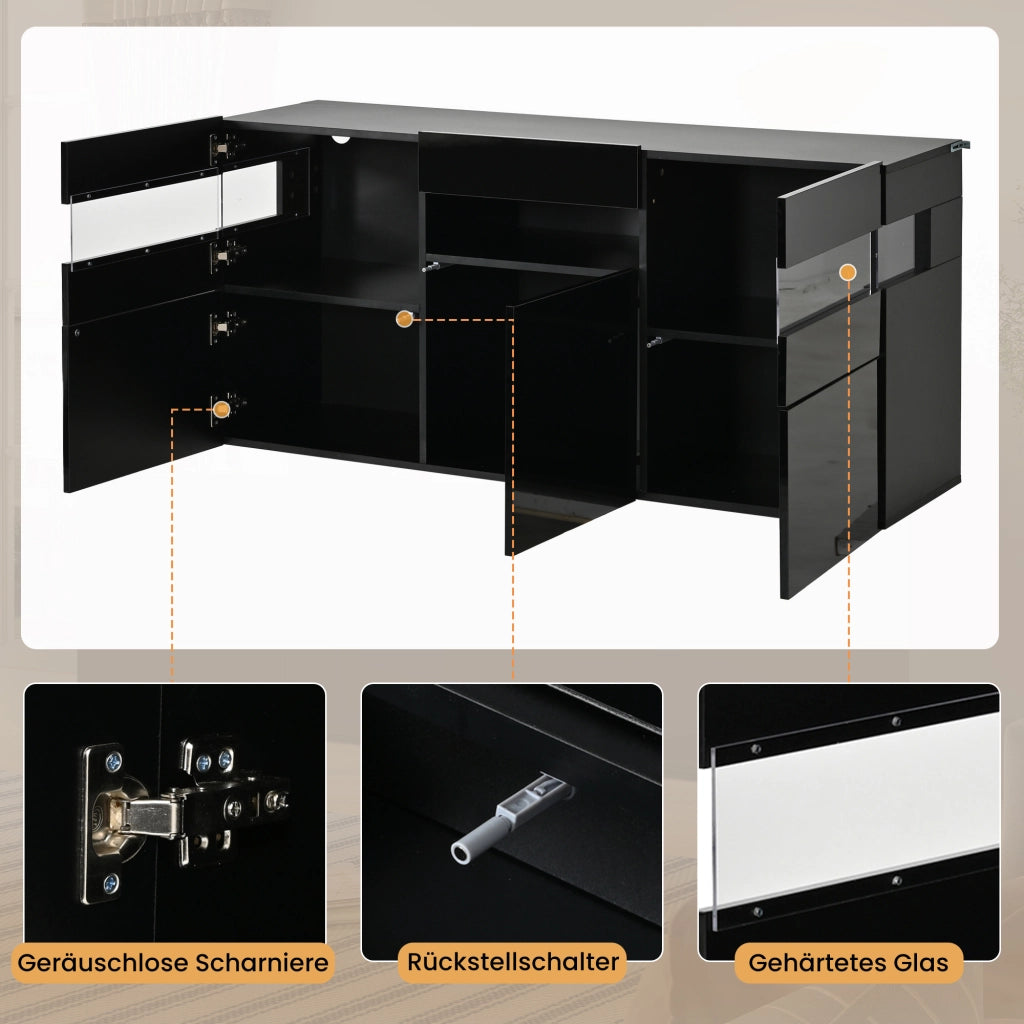 Credenza e madia con LED, 3 ante e 7 vani, frontale lucido, per soggiorno, in truciolare, nero, 140 × 40,5 × 66,5 cm