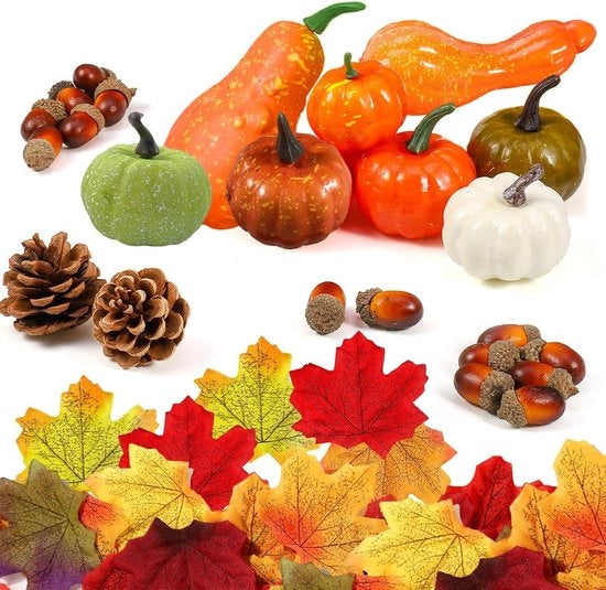 Set di decorazioni autunnali - 50 pezzi - decorazioni autunnali in plastica - foglie di acero - noci - mele di pino - mini decorazioni di zucca