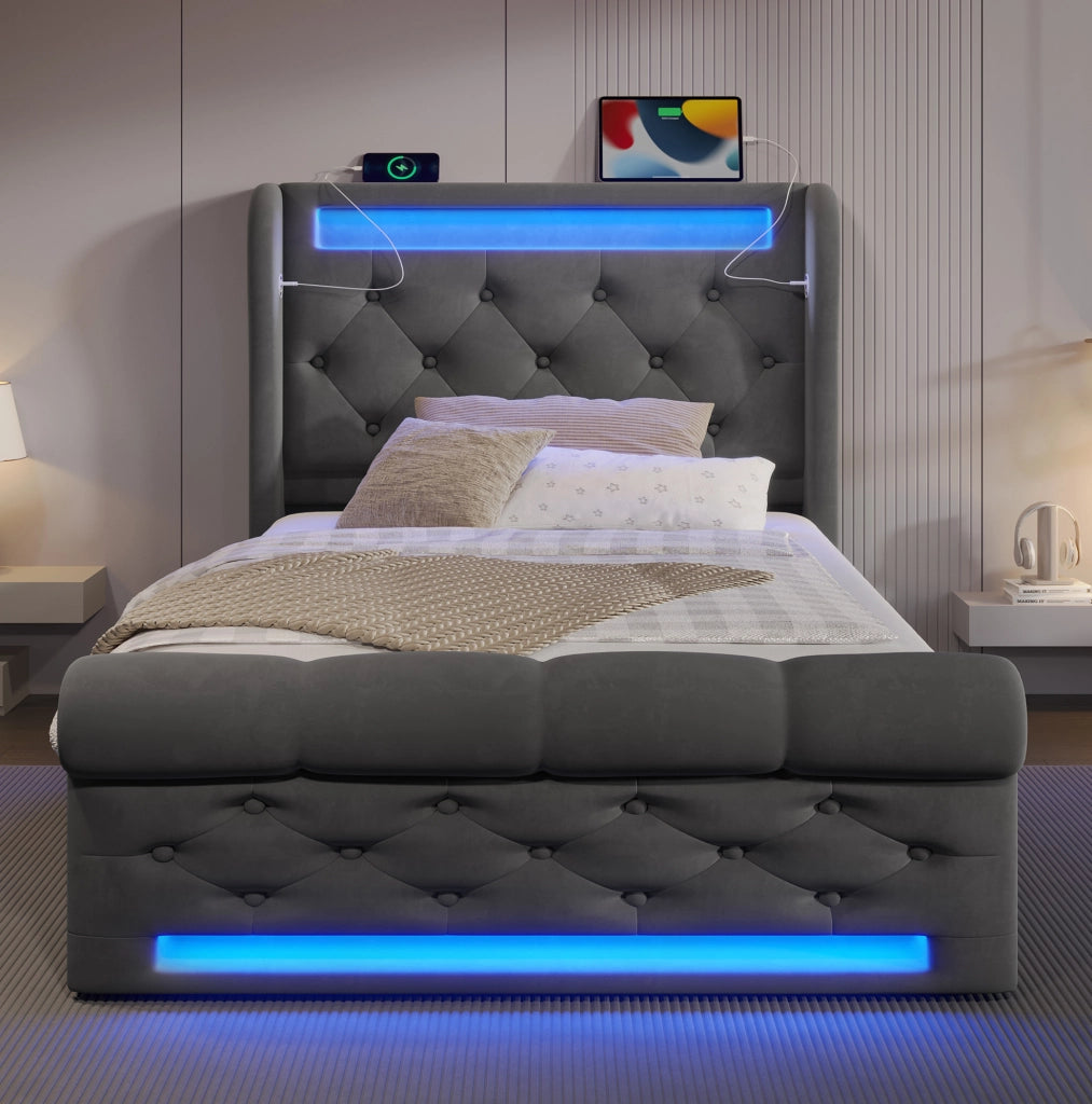 Letto singolo con contenitore; LED; USB e Type-C 90x200 cm in velluto grigio