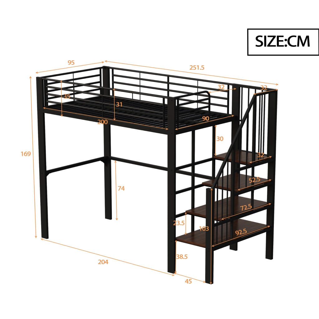 Letto a castello nero in metallo e legno con spazio di stoccaggio 90x200 cm