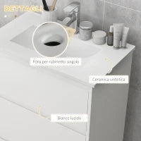 kleankin Mobiletto Bagno a 2 Cassetti in Truciolato con Lavabo in Ceramica Sintetica, 61x37x88 cm, Bianco