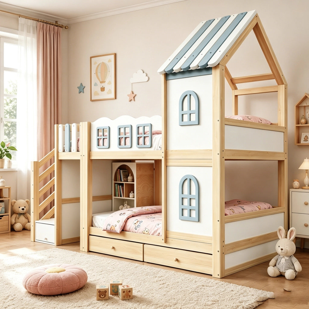 Letto a Castello 90x200 cm; Letto 2 Posti - Casetta con Finestre; Scala contenitore - Bianco