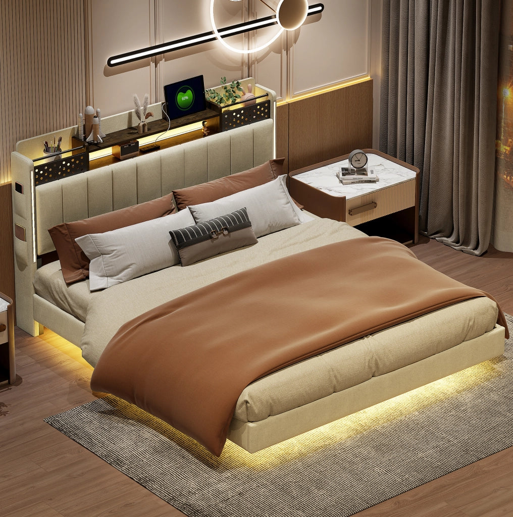 Letto matrimoniale imbottito 160x200 cm con USB; luci LED; testiera con vano contenitore; beige