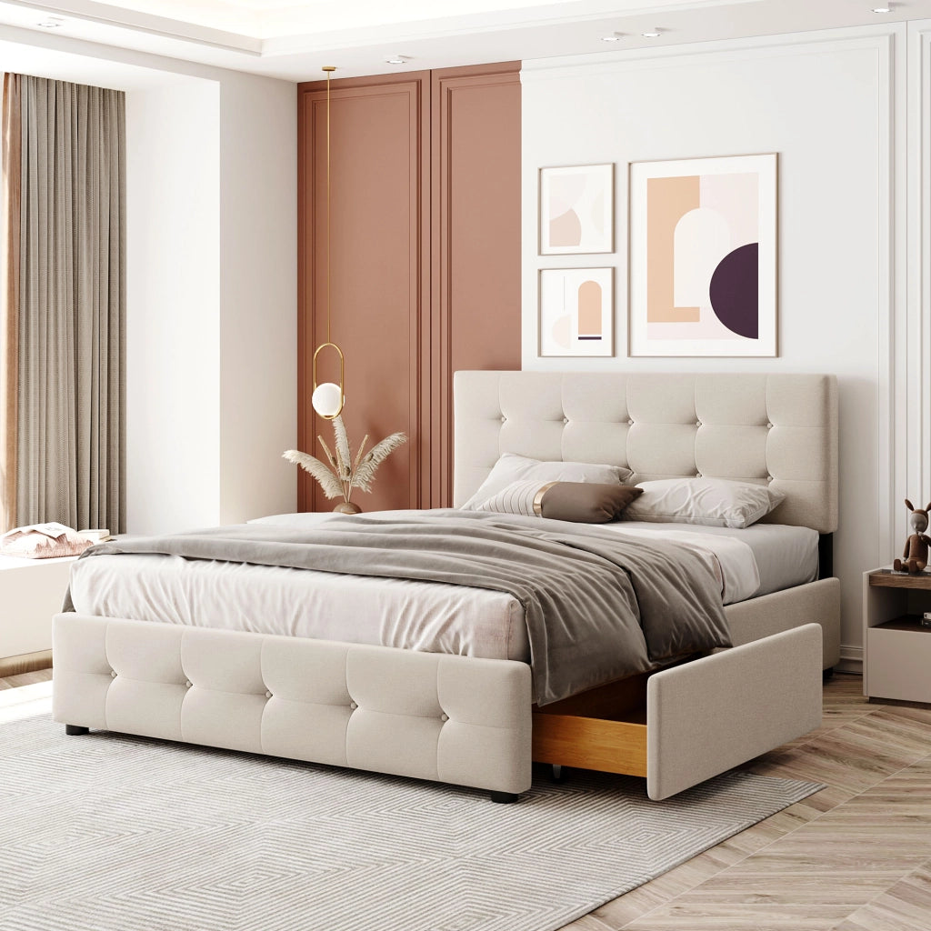 OKWISH Letto con Cassetti 140×200 cm, Letto Matrimoniale con 4 Cassetti e Testiera Imbottita, senza Materasso, Beige