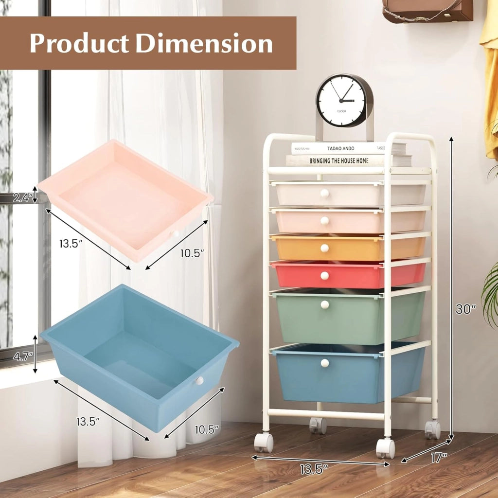 Carrello con 6 cassetti impilabili, carrello per cassetti, carrello da cucina con ruote bloccabili, carrello portaoggetti, carrello in metallo, per cucina, ufficio (colorato)