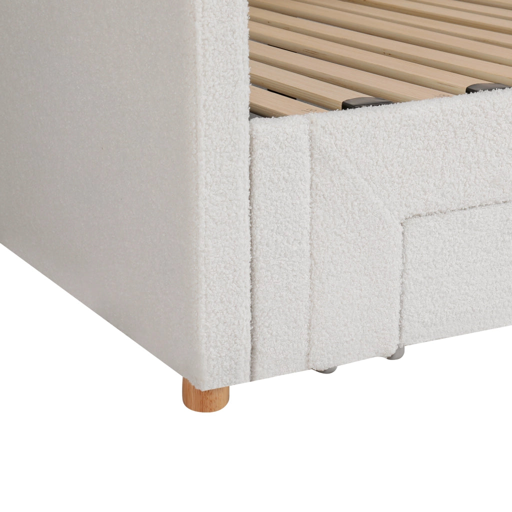 Letto singolo estraibile in bouclé beige con 2 cassetti porte USB e tipo C rete a doghe inclusa