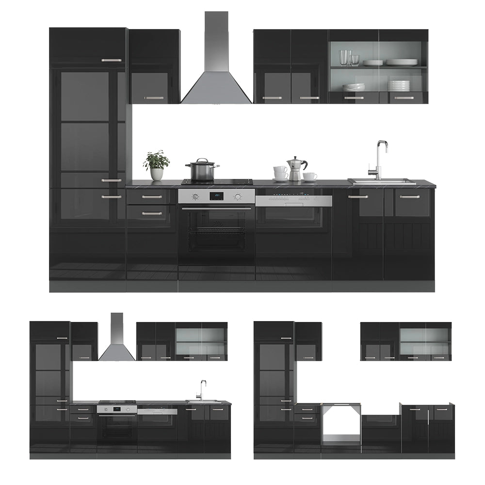 Vicco Cucina componibile Nero lucido/antracite 300 cm , PL Marmo