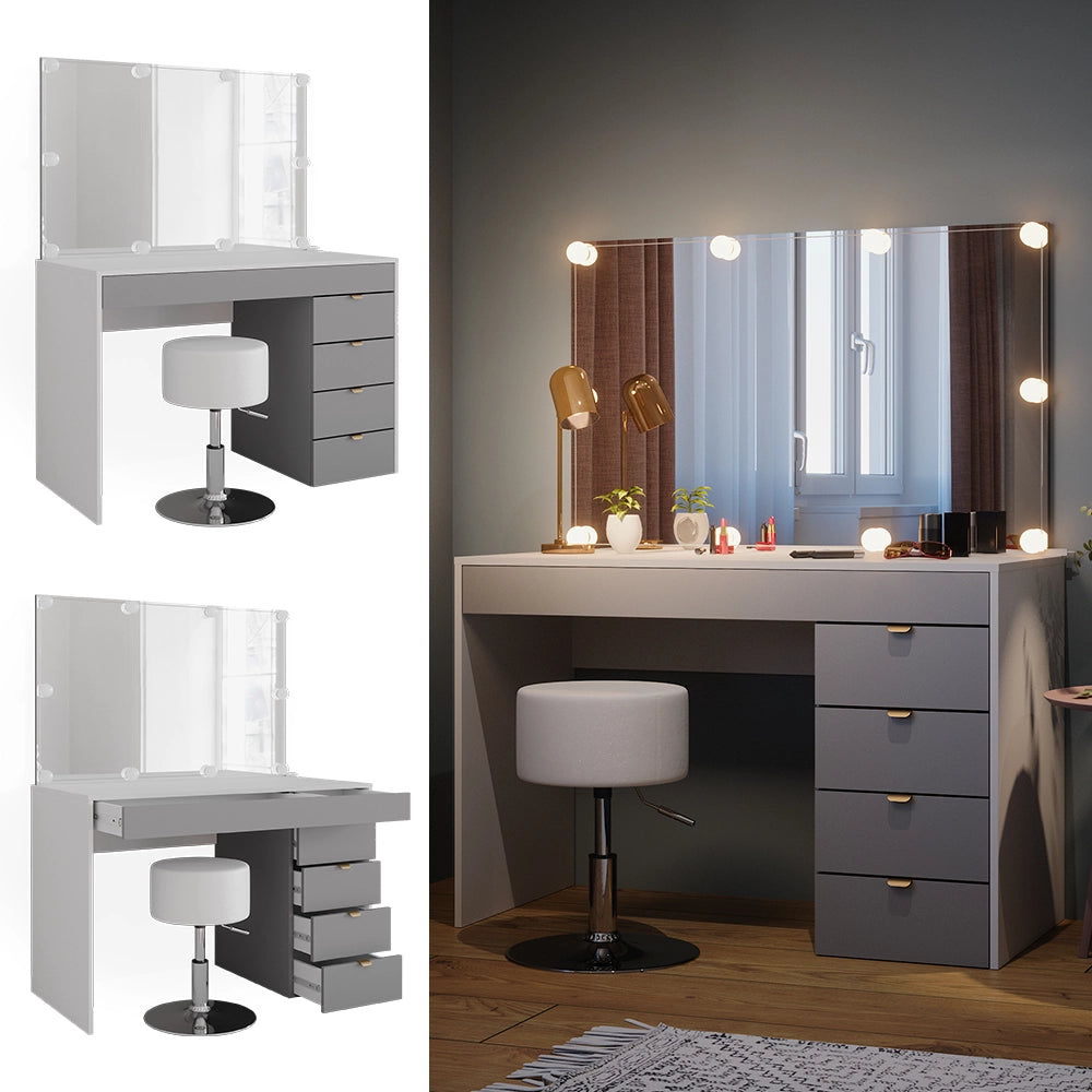 Vicco Tavolo da toeletta Bianco/grigio/grigio 115 cm con illuminazione LED e sgabello