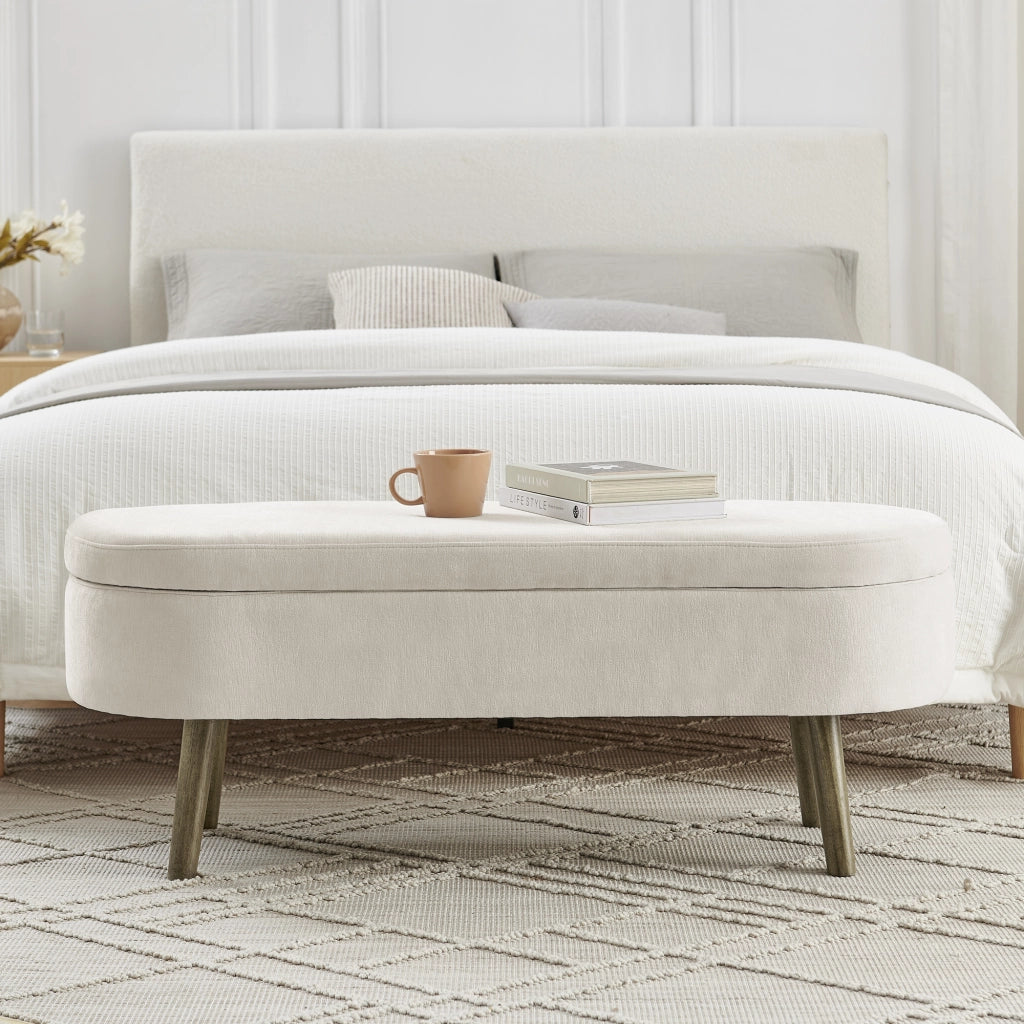 Panca contenitore in chenille beige con struttura in legno massello, 20L, 110x40x42 cm