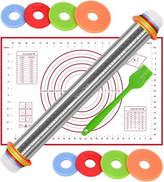 Deegroller in acciaio inossidabile con rilievi - 43 cm - con panno da forno in silicone per la cottura di pane, pizza, torta, dolci, pasta e biscotti.