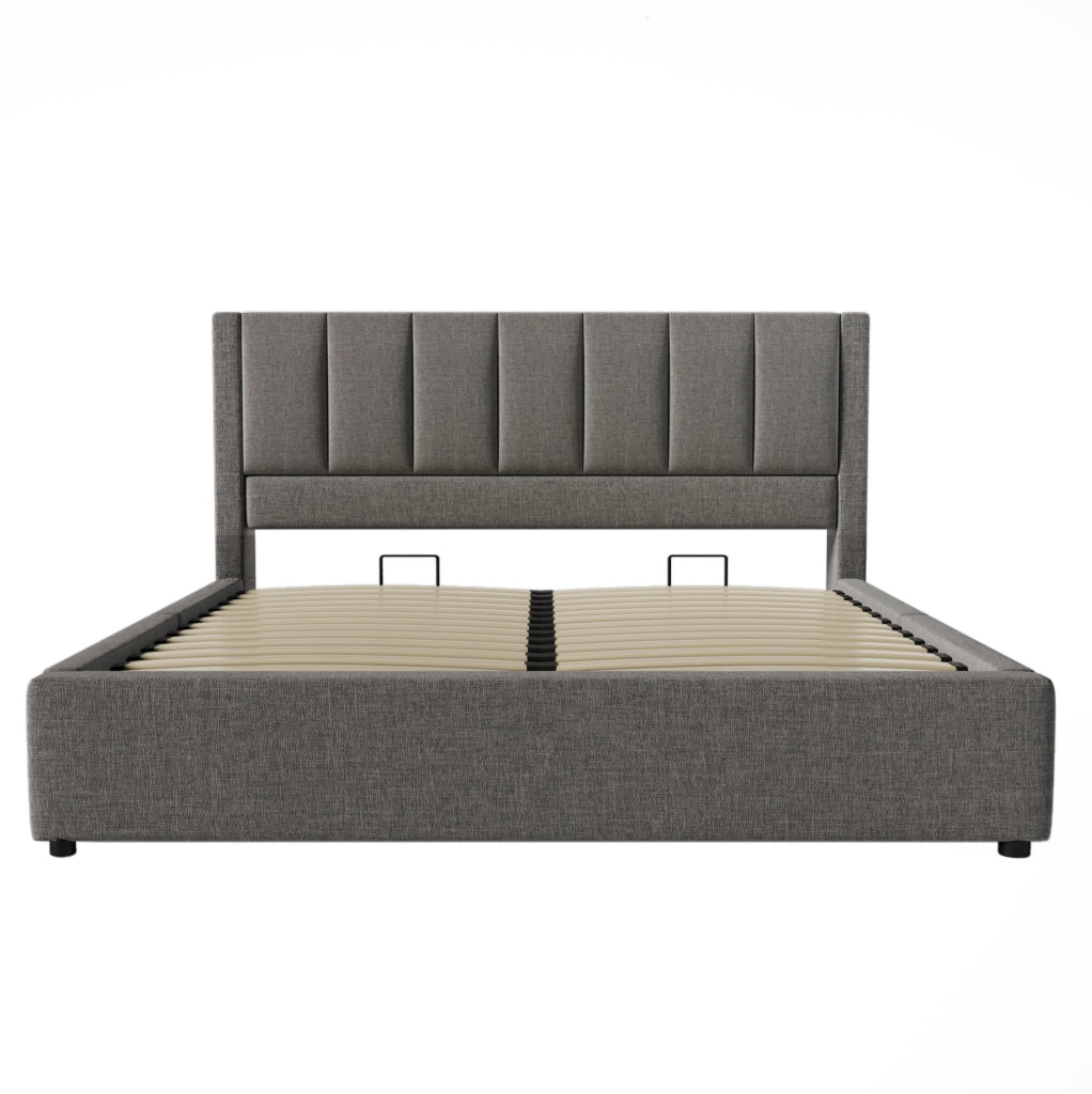 Letto imbottito 140x190 cm grigio con vano idraulico, USB-C e portabicchieri