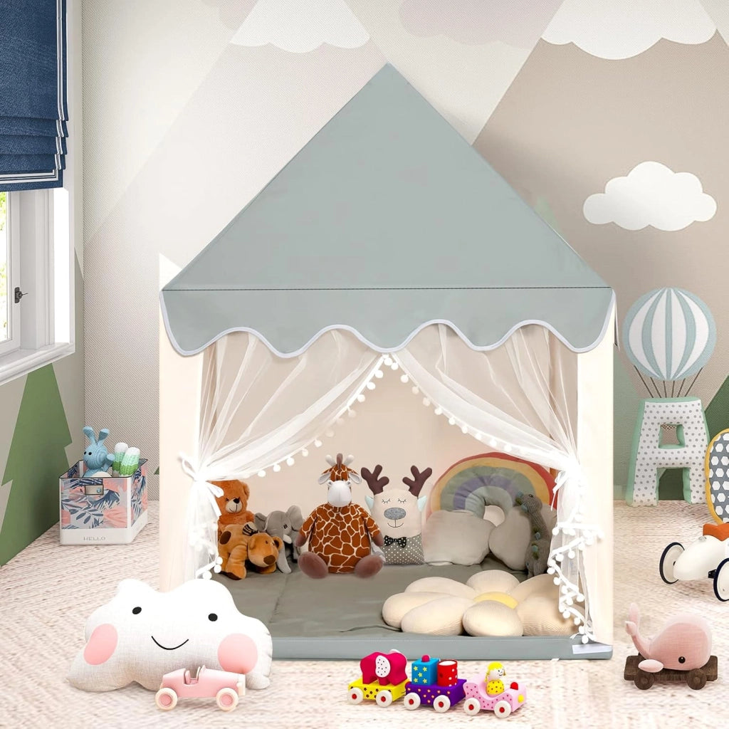 Tenda da Gioco per Bambini, Casetta per Bambini con Struttura in Solido Legno, Tappetino di Cotone, Tenda a Rete e Finestre, 105x120x140 cm (grigio e beige)