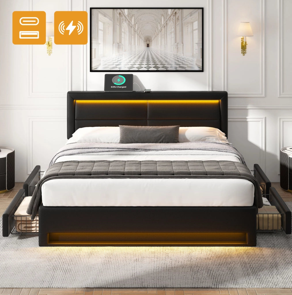 Letto imbottito 140x200 cm con LED, USB e 4 cassetti nero