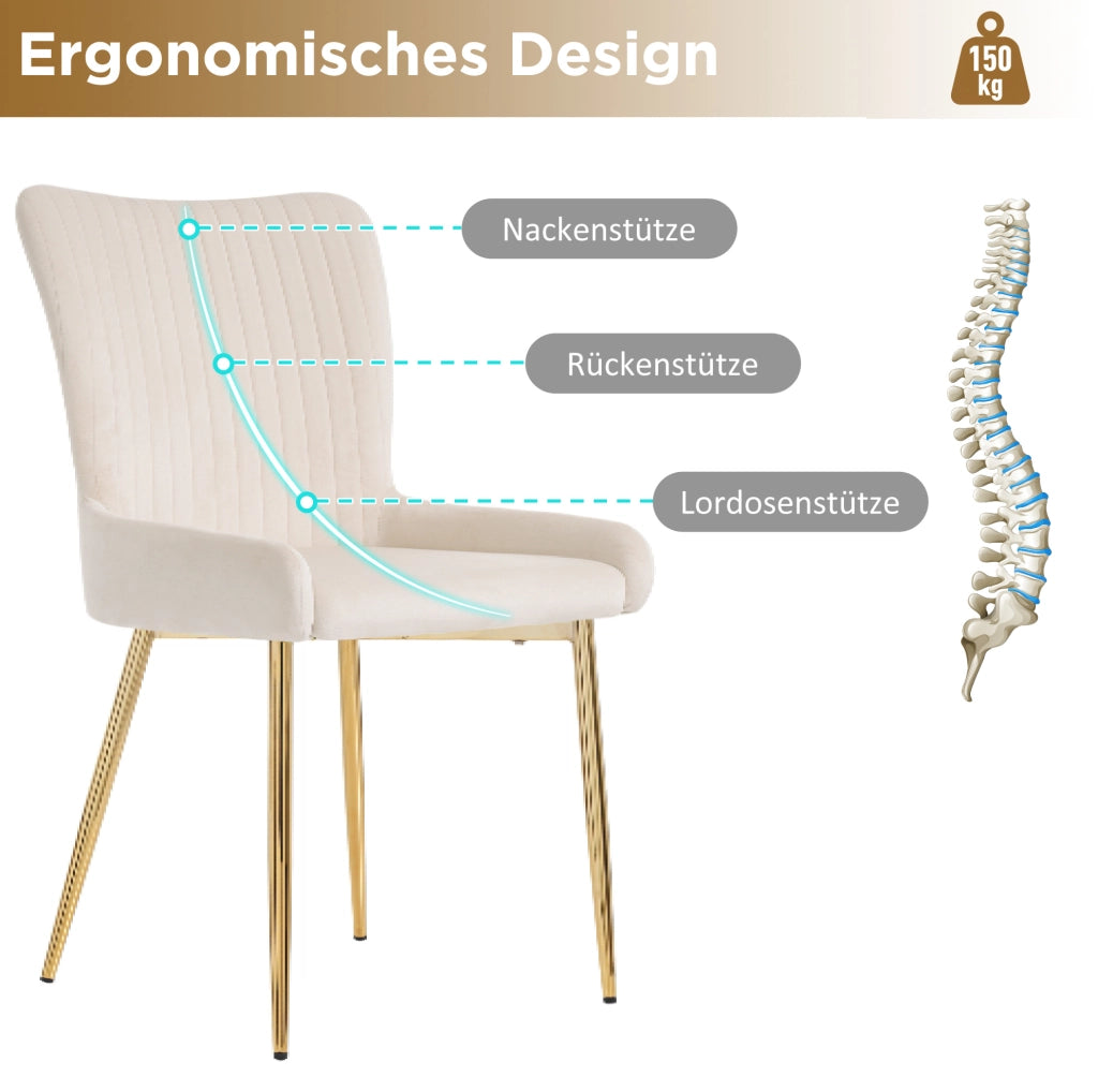 Set di 2 sedie da pranzo in velluto beige con gambe in metallo dorato