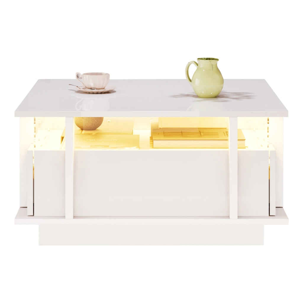 TAVOLINO Quadrato 70x70x35 cm Bianco lucido con 2 cassetti e illuminazione LED