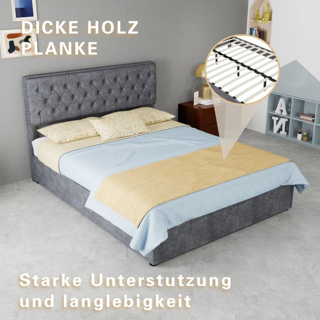 Letto imbottito moderno con testiera e vano a pistone, 140x200 cm, grigio