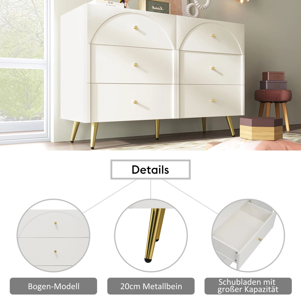 Cassettiera con 6 Cassetti e Frontali Bombati; Piede in Metallo Regolabile; Stile Classico; in Legno e Metallo; 120×40×85 cm; Bianco Crema
