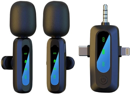 Pacco da 2 microfoni lavalier in versione wireless adatti per iPhone, iPad e smartphone Android, Microfoni minimicrofoni Plug-and-Play adatti per registrazioni video, interviste, podcast, vlog, YouTube, TikTok