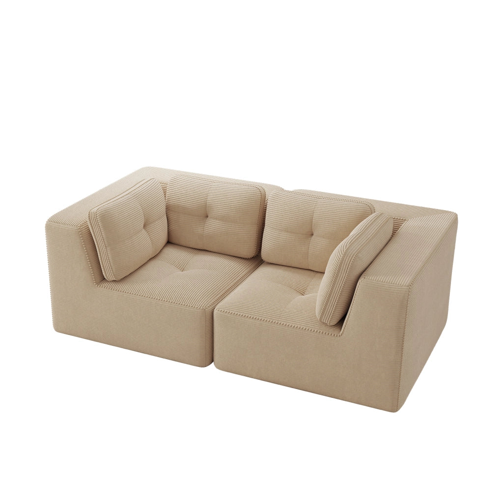 Divano angolare modulare senza struttura, in tessuto effetto velluto a coste beige, seduta profonda e design configurabile