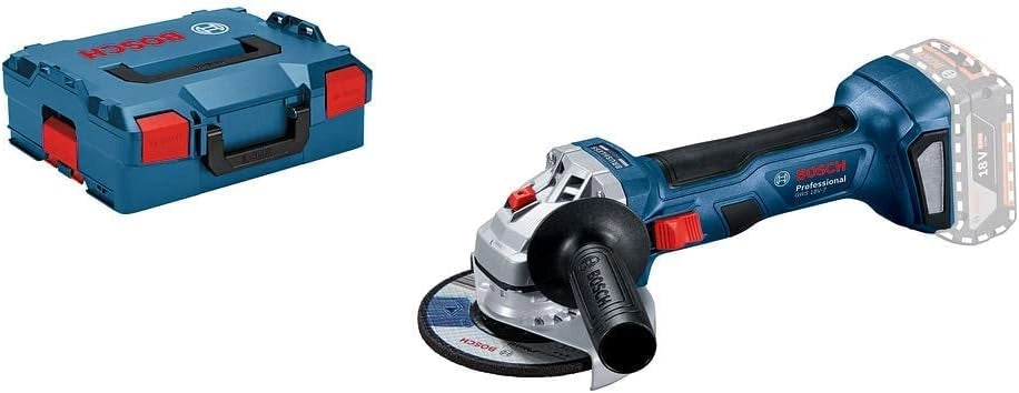 Bosch Professional 06019H9004 Smerigliatrice Angolare a Batteria GWS 18 V-7 (Cuffia di Prot., Impug. Suppl., Flangia e Dado di Serraggio, L-BOXX), Nero, Ciano, Magenta, Giallo, Diametro Disco 115 mm