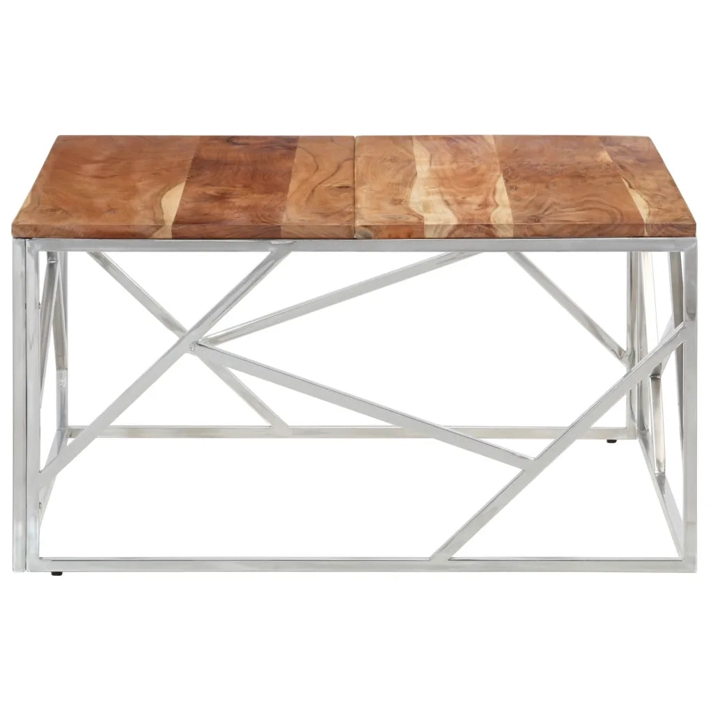 Tavolino Salotto Argento Acciaio Inox e Legno Massello Acacia 349951