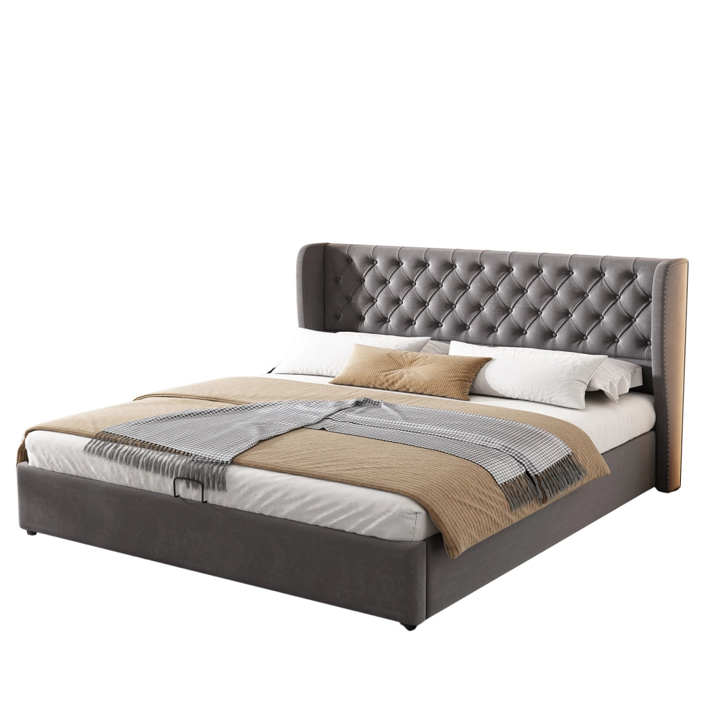 Letto imbottito con contenitore idraulico 180x200 cm e rete a doghe; velluto grigio