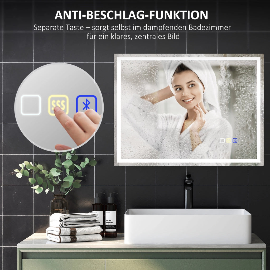 Specchio da Bagno LED con Antiappannamento, Orologio, 3 Colori Regolabili ¨C zephmum ¨C 600x800 mm, Argento